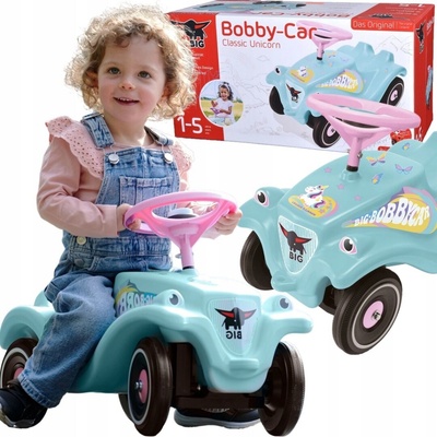 BIG auto Bobby Car Classic Unicorn ekologické tyrkysové s klaksónom a trendy nálepkami