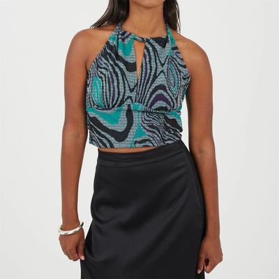 Brave Soul Womens Halter Neck Jacquard top - Black/Green