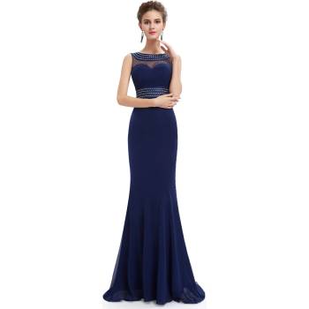 Елегантна шифонена рокля, с камъни, обло деколте и v-гръб, тъмно синя