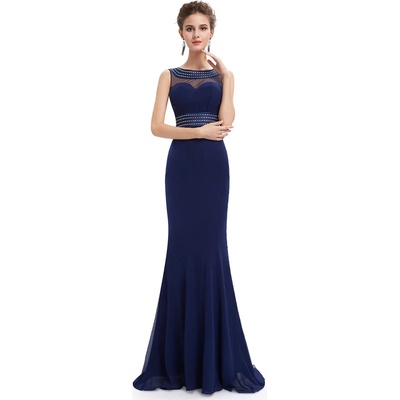 Елегантна шифонена рокля, с камъни, обло деколте и v-гръб, тъмно синя