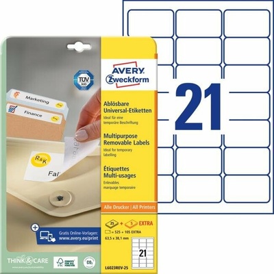 avery zweckform Etikety univerzálne odnímateľné 63,5x38,1mm Avery A4 25+5 hárkov