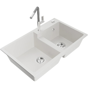 Mexen Tomas двоен кухненски гранитен умивалник с кухненски смесител Flora, бял - 6516-20-670401-06 (6516-20-670401-06)