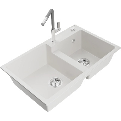 Mexen Tomas двоен кухненски гранитен умивалник с кухненски смесител Flora, бял - 6516-20-670401-06 (6516-20-670401-06)