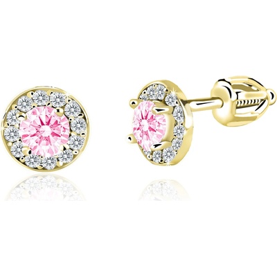 Duppi dievčenské náušnice okrúhle DU 32039 zo žltého zlata s kamienkami uprostred ružovými okolo bielymi zapínánie balónik