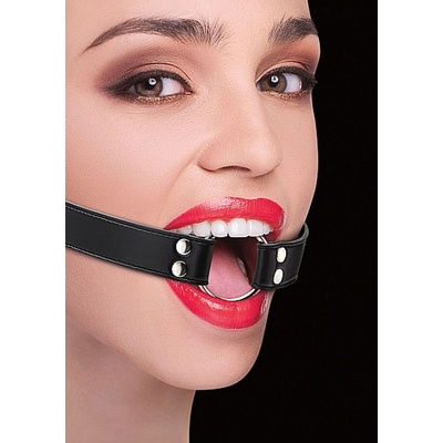 Shots Ouch! Silicone Ring Gag Black černý roubík s koženým řemínkem