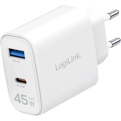 LogiLink Адаптер за двойно USB гнездо, 45 W, GaN, 1x USB-A, 1x USB-C, бял