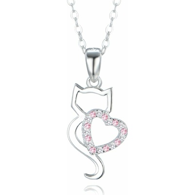 MINET Stříbrný náhrdelník Kočka se srdíčkem s bílými a růžovými zirkony (Ag 925/1000, 2,7 g) – Zbozi.Blesk.cz