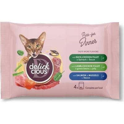 Delickcious MAČKA SET kačica kuracie mäso jahňacie mäso losos 4 x 85 g