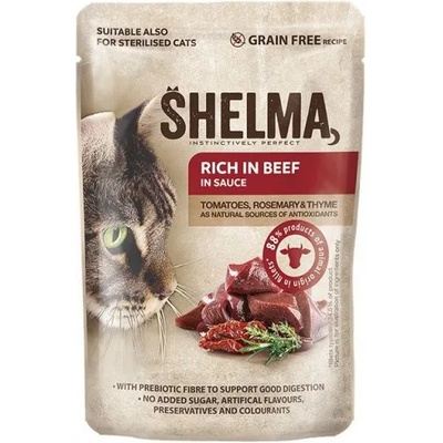 SHELMA Adult Pouch GRAIN FREE - пауч за котки, БЕЗ ЗЪРНО, 88% продукти от животински произход, говеждо месо с домати и розмарин в сос - 85 гр - 40669
