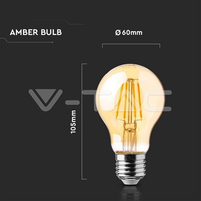 V-TAC LED žiarovka E27 A70 12W 2200K amber filament