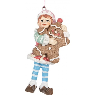 Závěsná vánoční dekorace Elf s perníčkem 5*4*11cm Clayre & Eef