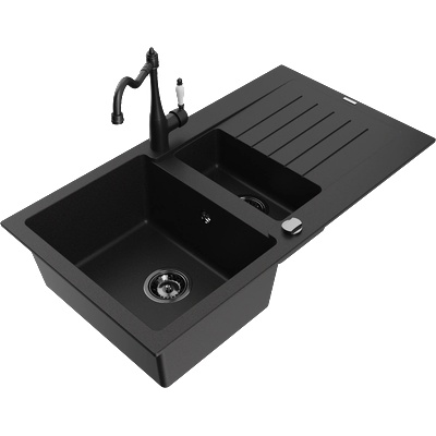 Mexen Matias гранитна мивка 1, 5-камерна с отцедник и кухненски смесител Carla, черен - 6502-77-670700-70-B (6502-77-670700-70-B)