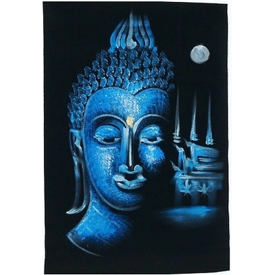 Obrázek, ruční malba - Buddha a chrám, modrá