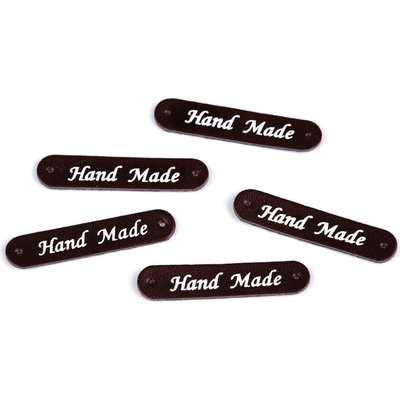 Nášivka / štítek z eko kůže Hand Made 10x48 mm - hnědá tmavá (5 ks)