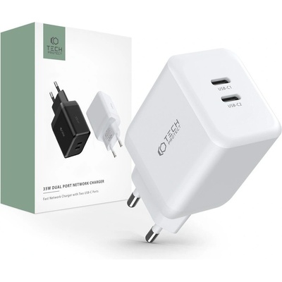 Tech-Protect Захранване за ел. мрежа с 2xUSB-C PD изходи с технология за бързо зареждане (бял) - Tech-Protect Wall Charger Dual USB-C 35W PD (THP1457)