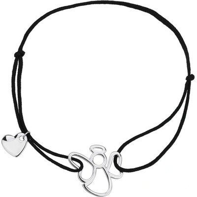 Bealio 13466 stříbrný náramek ANDĚL SE SRDÍČKEM shamballa provázek 17+3 cm 03-13466-3470