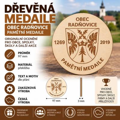 ADVIPO dekorace Dřevěná pamětní medaile pro obce 97 mm výroba na zakázku