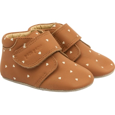 Pom Pom detské kožené barefoot capáčky Beginners hnedé Caramel Cafe Heart AOP