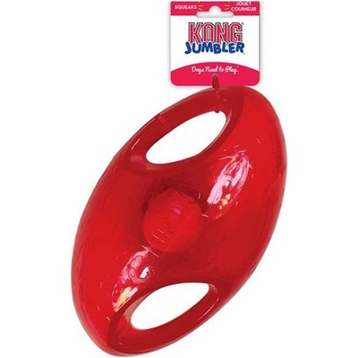 Kong hračka Jumbler míč rugby s rukojetí a tenisákem 21 cm mix barev