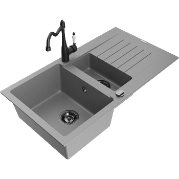Mexen Matias гранитна мивка 1, 5-коморна с отцедник и кухненски смесител Carla, сива - 6502-71-670700-70-B (6502-71-670700-70-B)