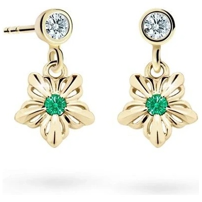 Danfil dětské náušnice kytičky C2238 ze žlutého zlata s kamínkem Emerald Green zapínání balónek