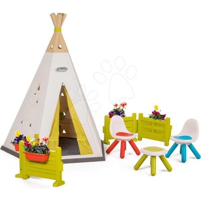 Smoby Stan prírodný Indoor&Outdoor Teepee Evolutive nastaviteľný so stoličkami na záhradke pod lampou od 24 m