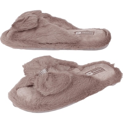 Пухкави пантофи в цвят каки с панделка