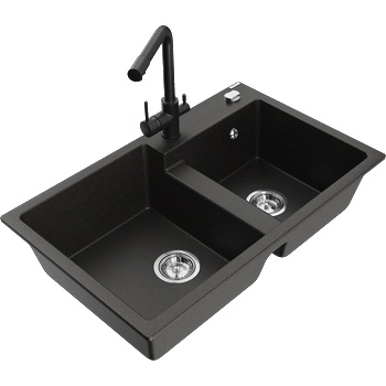 Mexen Tomas гранитна мивка с 2 камери с кухненски смесител Duero, черно/златно металик - 6516-75-671600-70 (6516-75-671600-70)