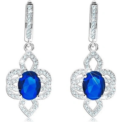 Šperky eshop ze stříbra asymetrický květ modrý oválný zirkon čiré lupínky S10.26