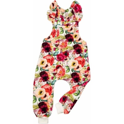 Dětské laclové kalhoty s volánky na ramenou růže pestrobarevná