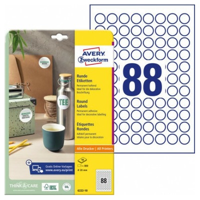 Etikety univerzálne kruhové 20mm Avery A4 10 hárkov