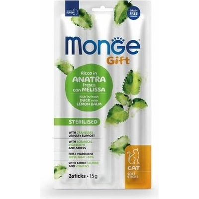 MONGE GIFT Soft Sticks Hairball 3 ks mäkké pochúťky pre mačky proti tvorbe bezoárov s lososom a artičokmi 15 g