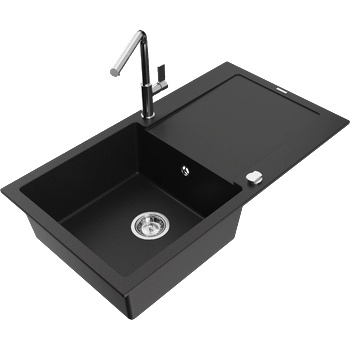 Mexen Leo 1-коморова кухненска мивка с черно покритие и кухненски смесител Flora, черен - 6501-77-670401-00 (6501-77-670401-00)