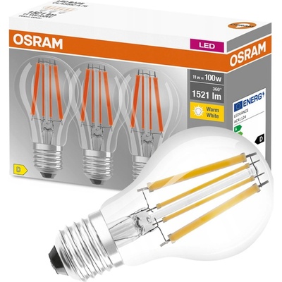 Osram 3PAK LED žiarovka E27 A60 CL 11W = 100W 1521lm 2700K Warm 300° Filament BASE