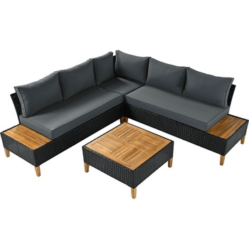 Градински комплект от ратан, акациево дърво, черно/сиво/естествено, malkom