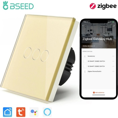 BSEED Zigbee dotykový vypínač bez nulového vodiča – sklo, 1–3 tlačidlá Zlatá 3