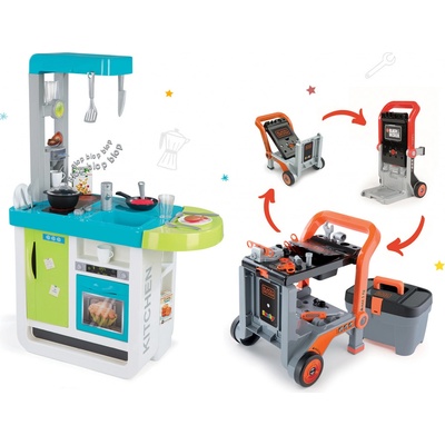 Smoby Set kuchynka Cherry Kitchen so zvukmi a kávovarom a pracovná dielňa Black&Decker 3v1 skladacia