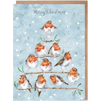 Přání s adventním kalendářem Wrendale Designs "Rockin' Robins" - Červenky