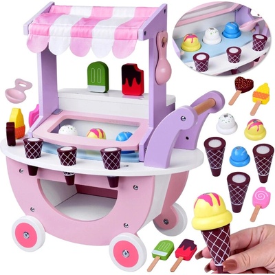 JOKO Detská Drevená Zmrzlináreň ICE CREAM vozík so zmrzlinou + 8 druhov zmrzliny so suchým zipsom