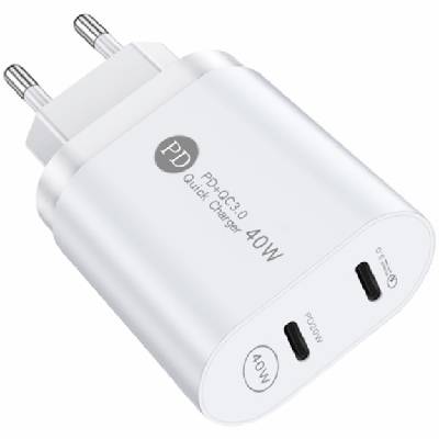 Адаптер за бързо зареждане 40W с дуален порт PD USB-C / QC USB-C за iPhone / iPad - бял (55546)
