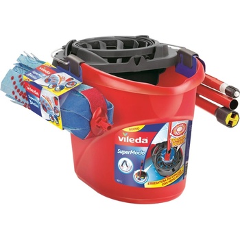 Vileda Комплект за почистване на под Vileda Super Mocio, 3 части, 10 л, Отцеждащ механизъм, Червен (Vileda Super Mocio)