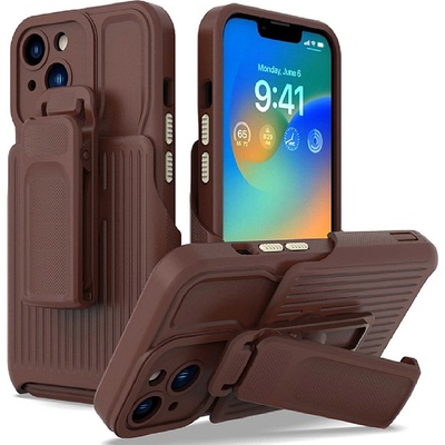 Pouzdro AppleMix Apple iPhone 14 - odolné + držák na opasek - plastové / gumové - kávově hnědé