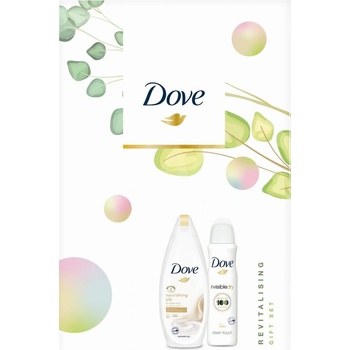 Dove Nnourishing Revitalizing Silk sprchový gel 250 ml + Invisible Dry Clean Touch antiperspirant sprej 150 ml dárková sada