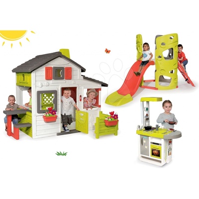 Smoby set prolézačka Multi-Activity Tower na šplhání se skluzavkou a domeček Přátel s předzahrádkou a kuchyňkou 840201-6