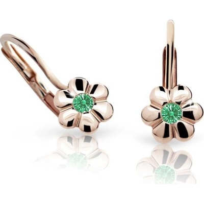 Danfil dětské náušnice kytičky C1736 z růžového zlata s kamínky Emerald Green zapínání klapka