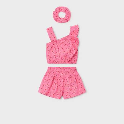 Mayoral Комплект къс панталон, потник и ластик за коса в розов цвят за мини момиче Mayoral