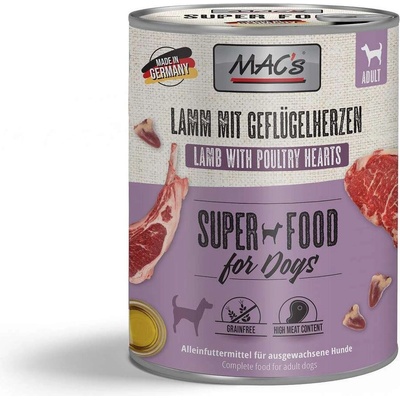 MAC's Dog Lamb chicken hearts - Пълноценна консервирана храна за кучета, без зърно, с агнешко месо и пилешки сърца