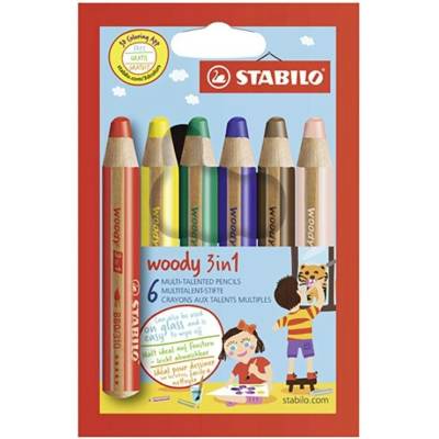 Stabilo Pastelky STABILO woody 3 v 1 barvička vodovka voskovka 6 ks různých barev 451453