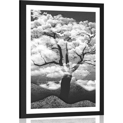 Plakát s paspartou černobílý strom zalitý oblaky - 20x30 black