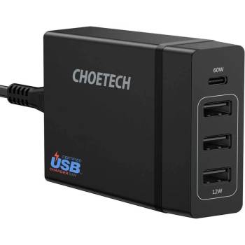 Choetech travel wall Charger 72W PD72-1C3U - захранване за ел. мрежа с 3xUSB-A и 1xUSB-C 60W изходи с технология за бързо зареждане (черен)